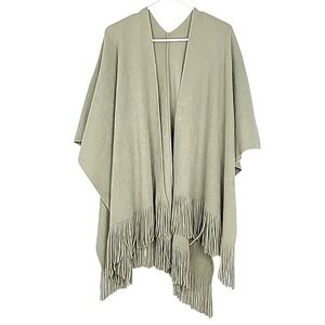 Mulberry Women's Sage Green Fringe Trim Knit Open Front Poncho One Size